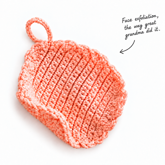 Warm peach crocheted facial exfoliator with handwritten caption