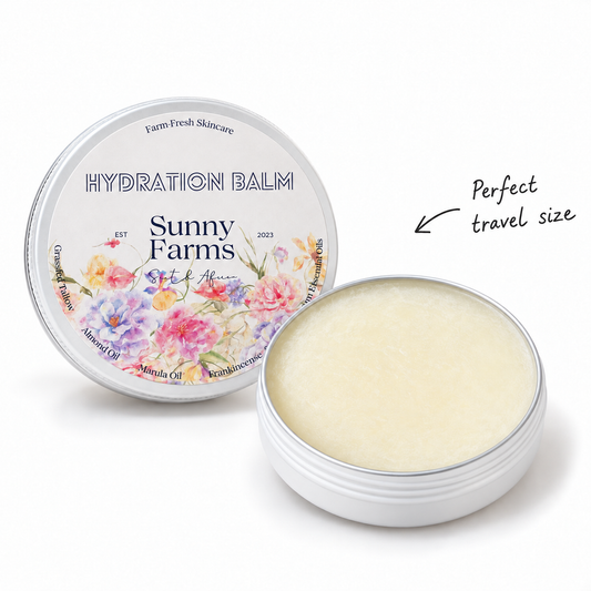 Hydration Balm floral lid and open white tin — perfect travel size