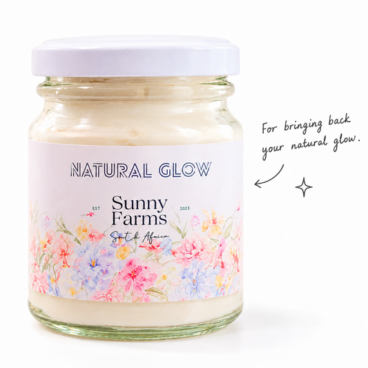 Natural Glow Cream in a white-lidded floral glass jar with handwritten caption