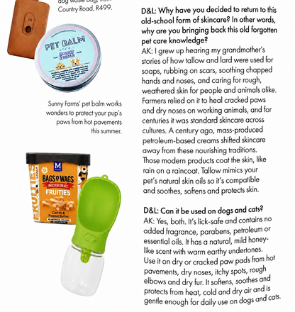 Sunny Farms Organics Pet Balm Q&A in Dog and Leisure magazine