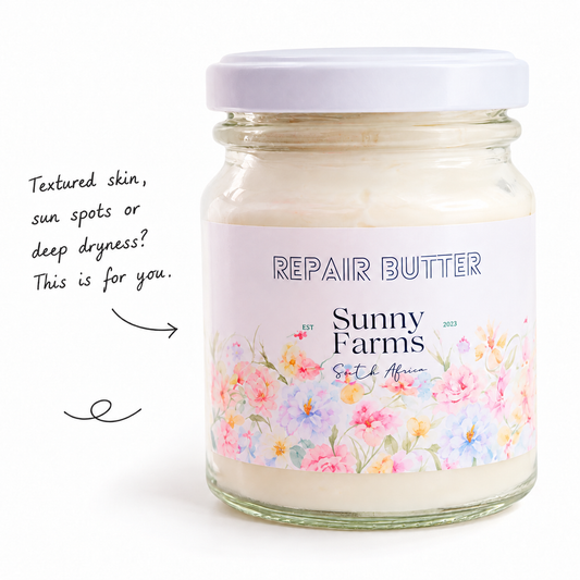 Repair Butter in a white-lidded floral glass jar with handwritten caption