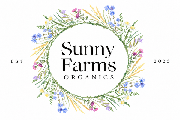 Sunny Farms Organics floral logo with soft pastel wreath